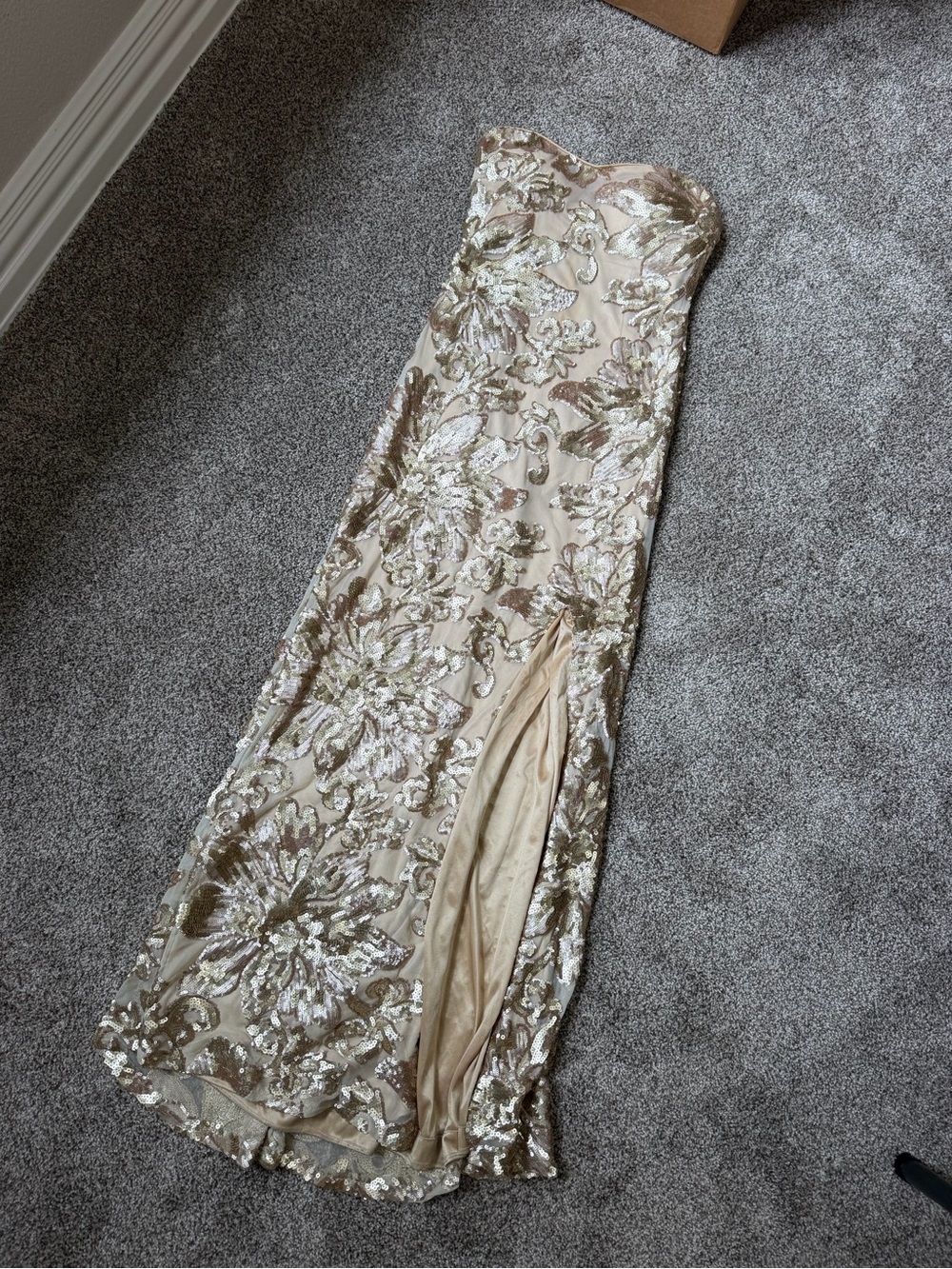 MARINA Strapless Floral Sequin Gown in Gold and Nude